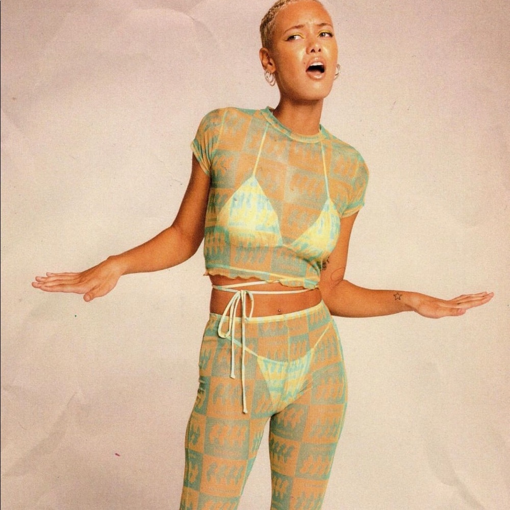 Inamorata Mesh Set, Beechwood Pant and Bambi Tee, teal check, size small